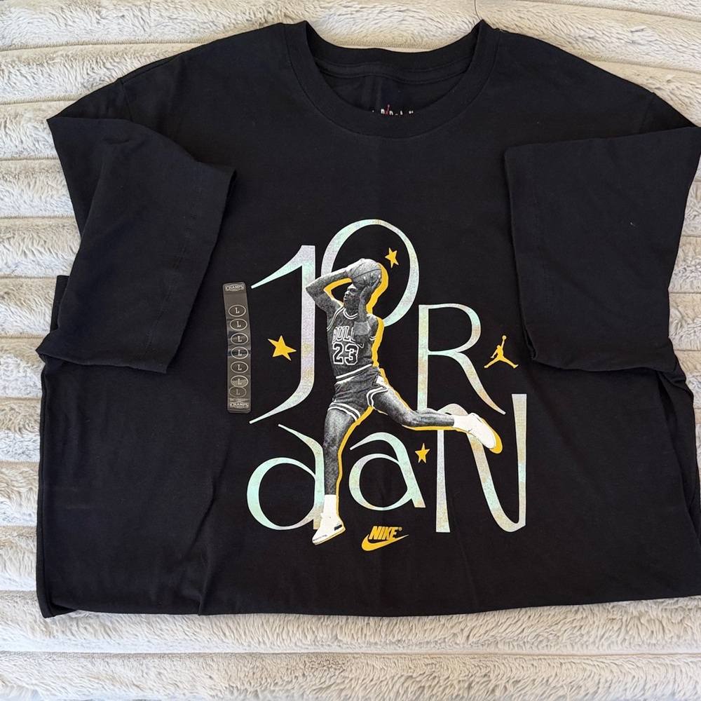Jordan Black Graphic Tee with Yellow and Light Blue Accents